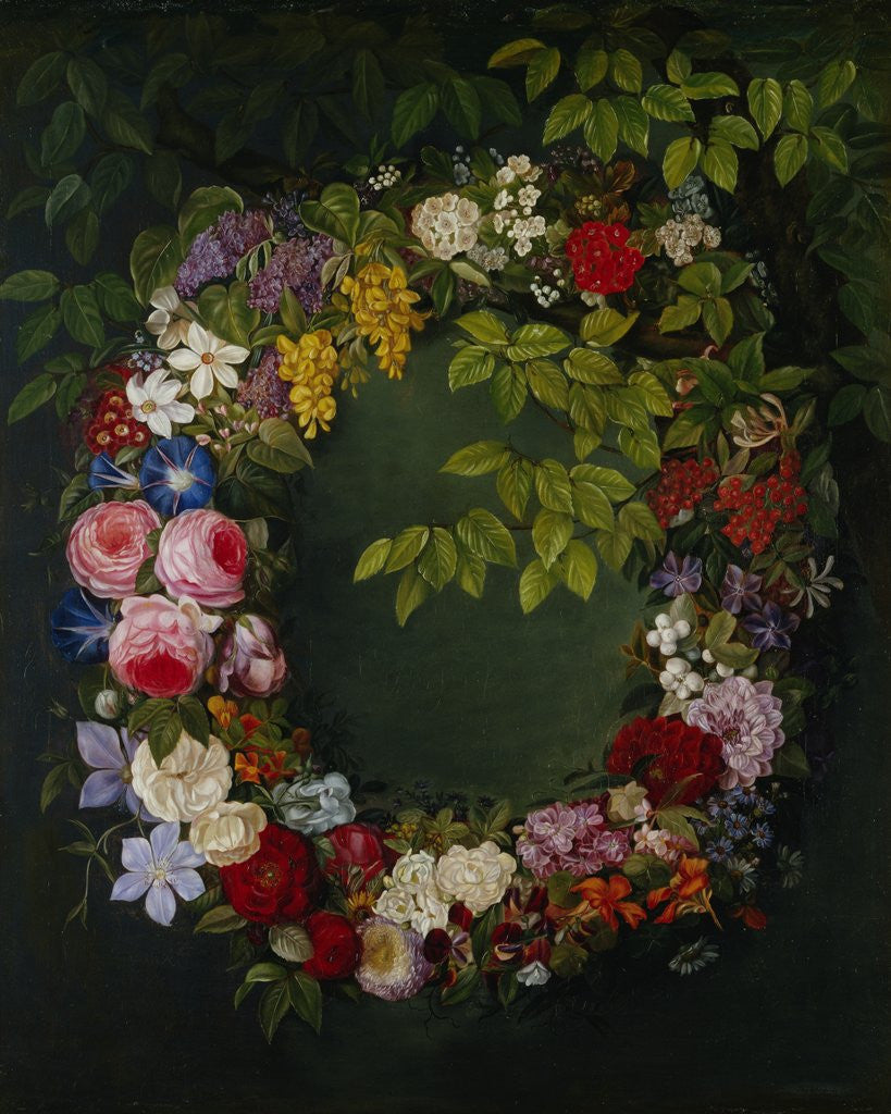 Detail of A Garland of Roses, Honeysuckle, Morning Glory and Narcissus and Other Flowers Hanging from the Bough of a Tree by Johan Laurents Jensen