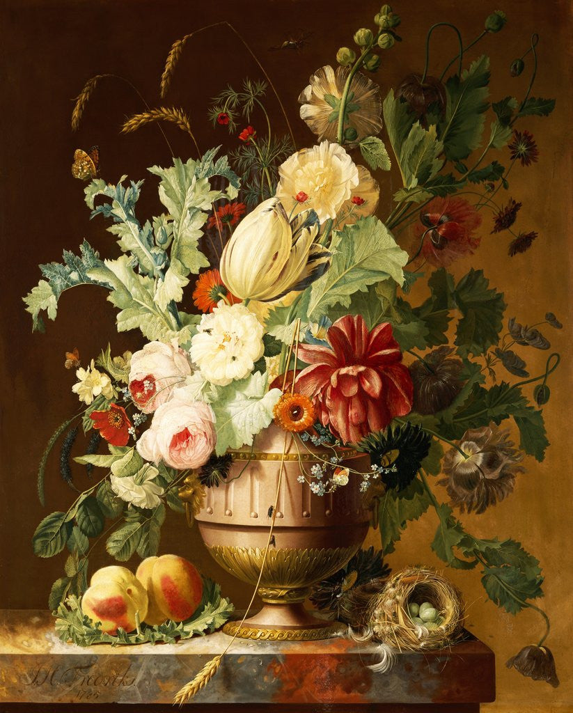 Detail of Roses, a Tulip, a Peony, Marigolds, Hollyhocks by Johannes Hendrik Fredriks