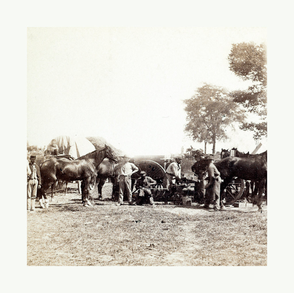 Detail of American Civil War: Army Blacksmith and Forge, Antietam, Sept., 1862, Union Army Blacksmith at Work Surrounded by Horses and Other Men at General Mcclellan's Headquarters in Antietam by Anonymous