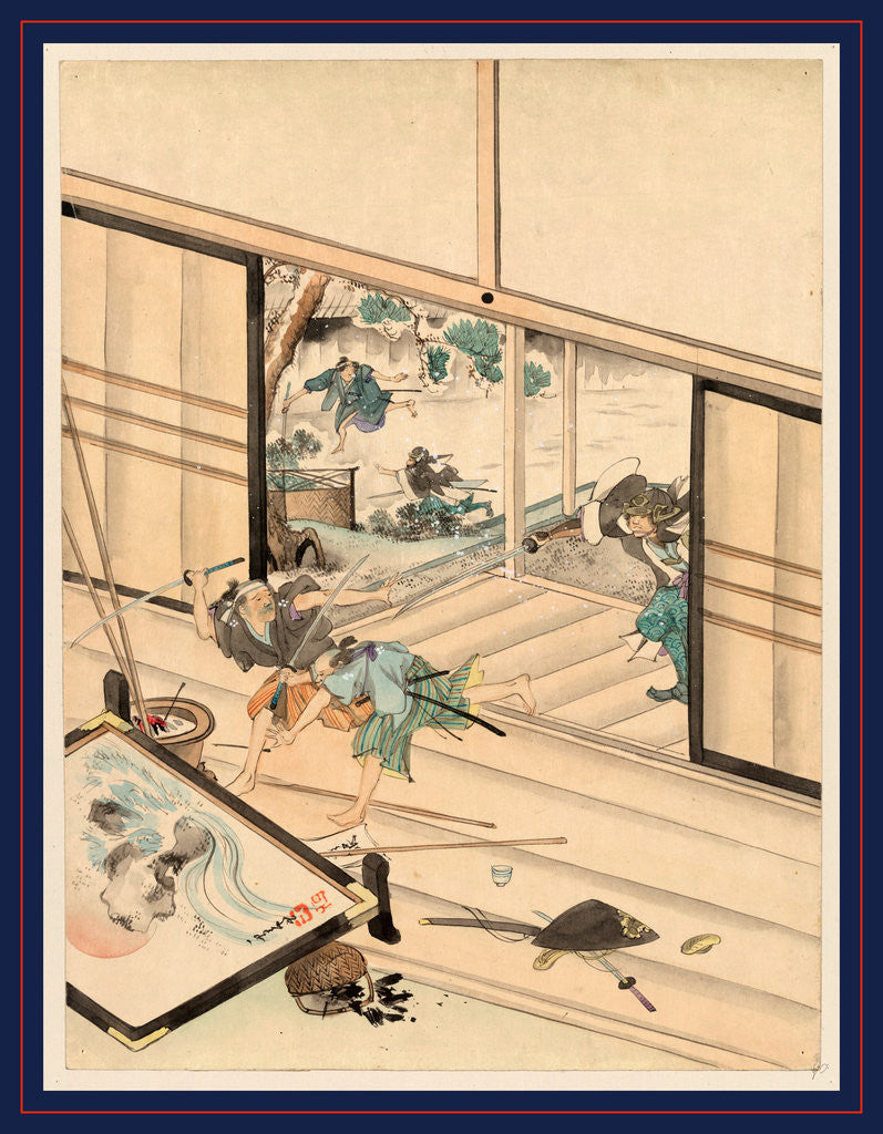 Detail of Scene During the Attack on Kira Yoshinaka's Home by the 47 Ronin, with the Samurai Chasing Kira's Guards Into the House. by Anonymous