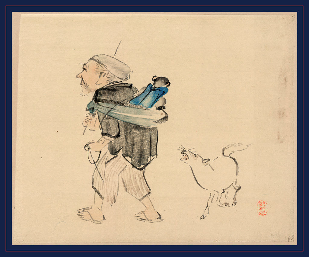 Detail of an Old Man Carrying a Monkey on His Back and a Dog Barking at the Monkey by Anonymous