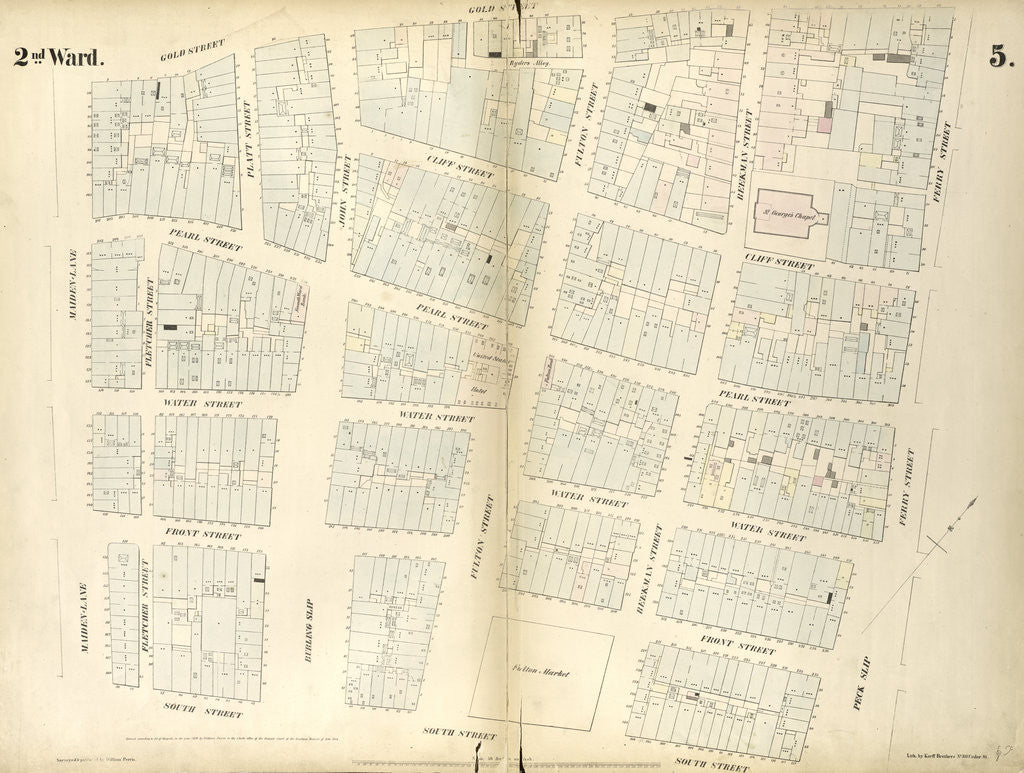 Detail of Map bounded by Gold Street, Ferry Street, Peck Slip, South Street, Maiden Lane. 1852, 1854 by Anonymous