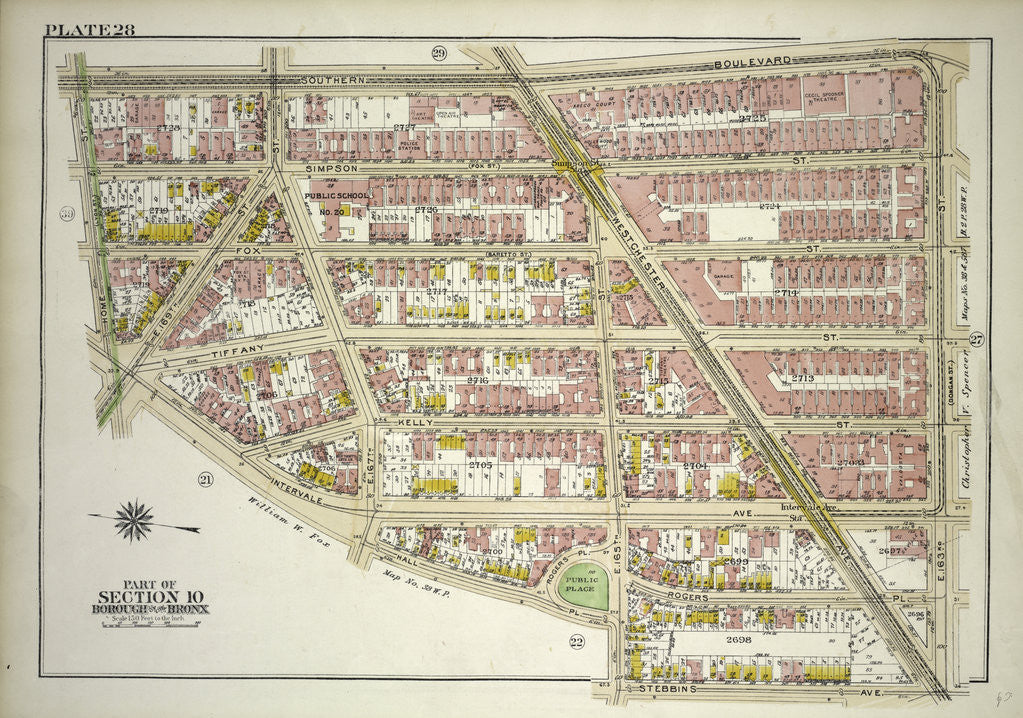 Detail of Borough of the Bronx. Bounded by Southern Boulevard, E. 163rd Street, Stebbins Avenue, E. 165th Street, Hall Place, and Home Street, New York by Anonymous