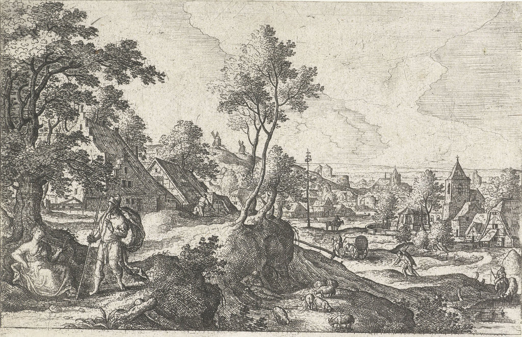 Detail of Landscape with traveler and resting woman by Anonymous