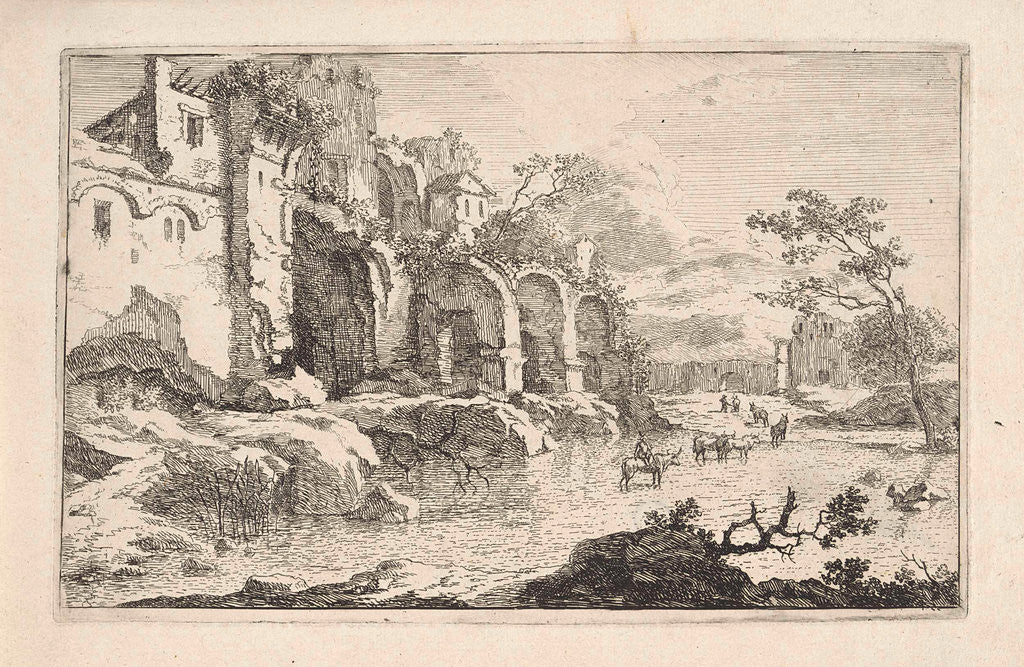 Detail of Landscape with ruins and a shepherd by Jan Smees