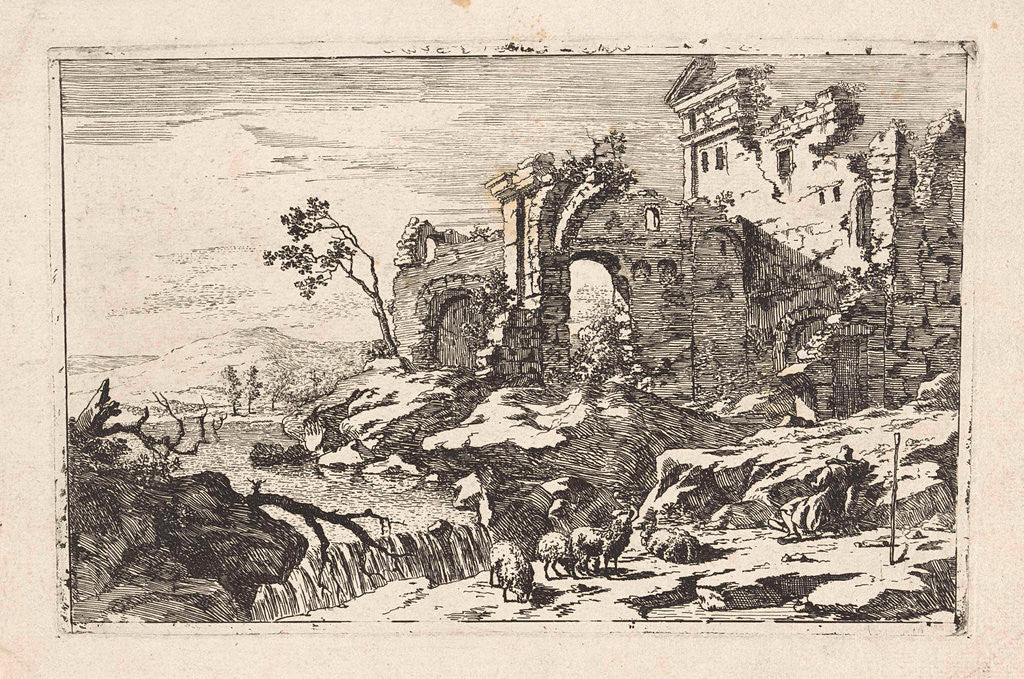 Detail of Landscape with ruins and waterfall by Jan Smees