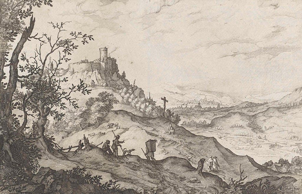 Detail of Mountain Landscape with walkers and shepherds by Claes Jansz. Visscher II