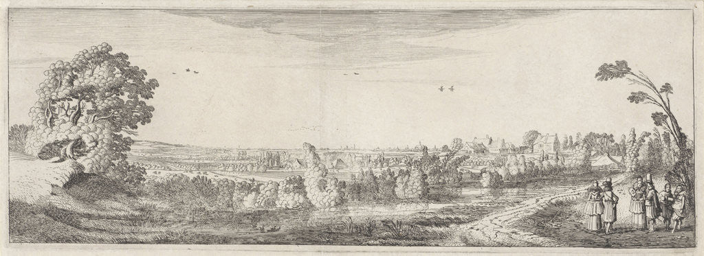 Detail of Company in an open landscape with Haarlem on the horizon by Jan van de Velde II