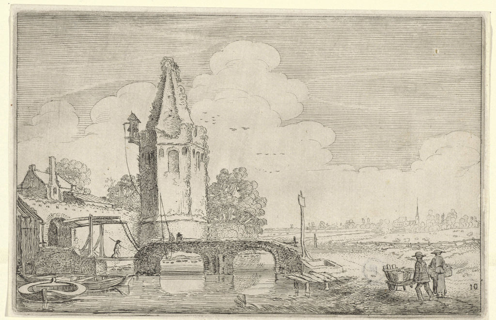 Detail of Landscape with a tower and a bridge over the River Niers by Jan van de Velde II