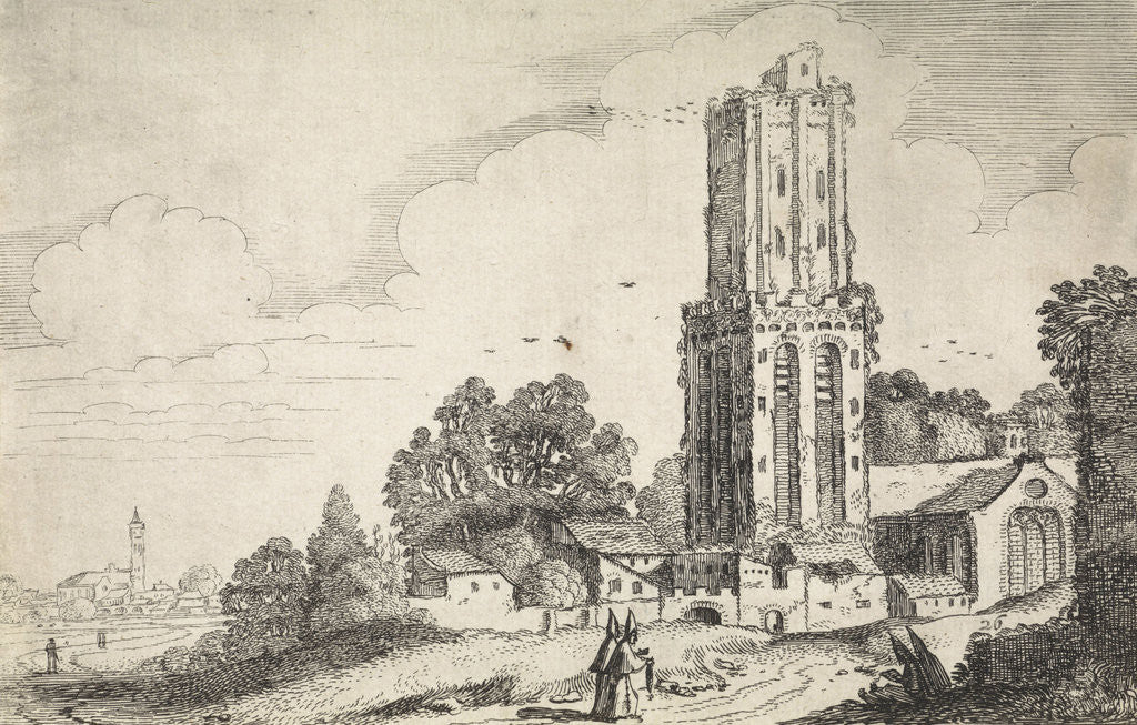 Detail of Landscape with dilapidated church tower by Jan van de Velde II