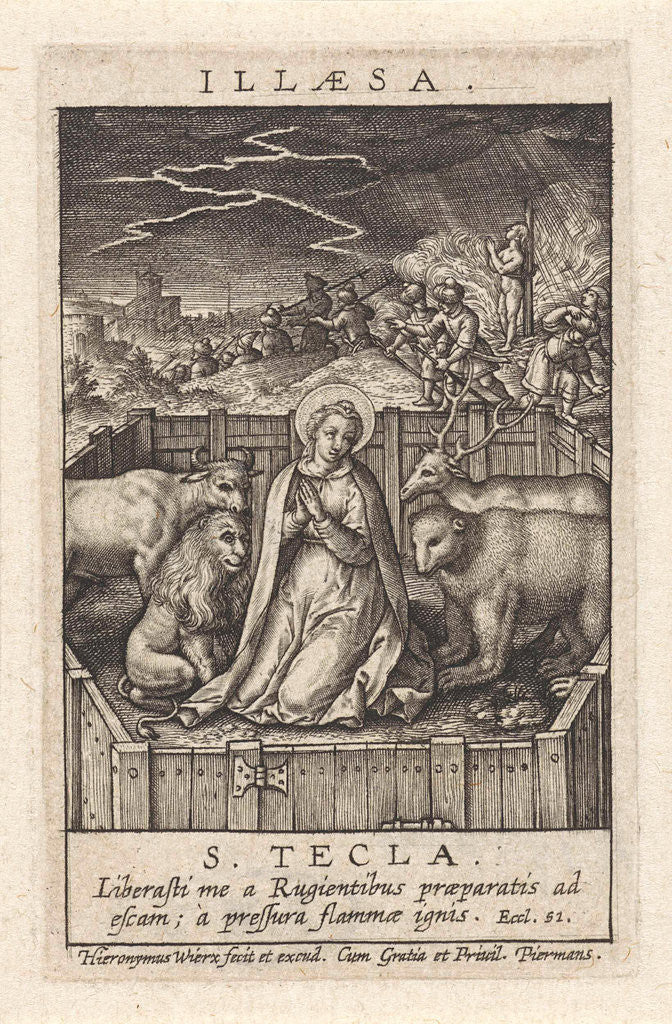 Detail of St. Thecla of Iconium surrounded by a lion, a bear, a bull and a deer by Hieronymus Wierix