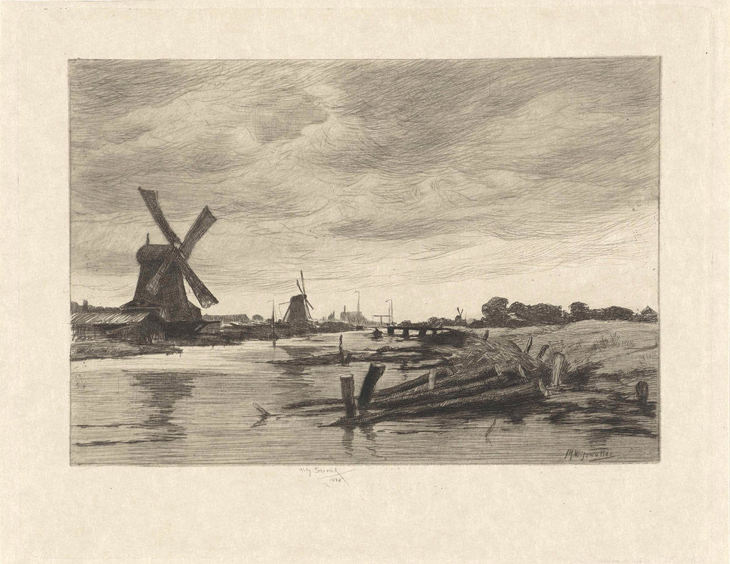 Detail of Landscape with windmills along a canal by Willem Steelink II