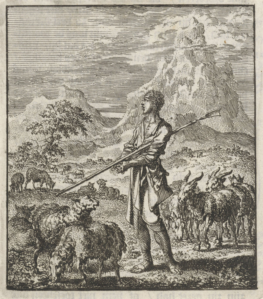 Detail of Moses with his shepherd's staff under the arm is in the midst of his flock in the wilderness of Midian by Barent Visscher