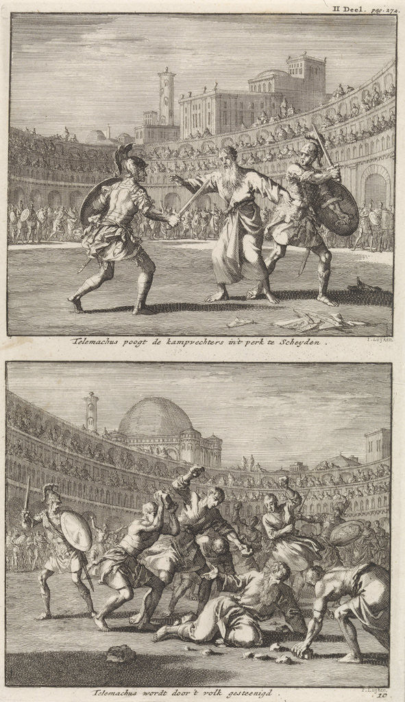 Detail of Holy Telemachus of Rome interrupts a gladiatorial combat, and the stoning of Saint Telemachus by Barent Visscher