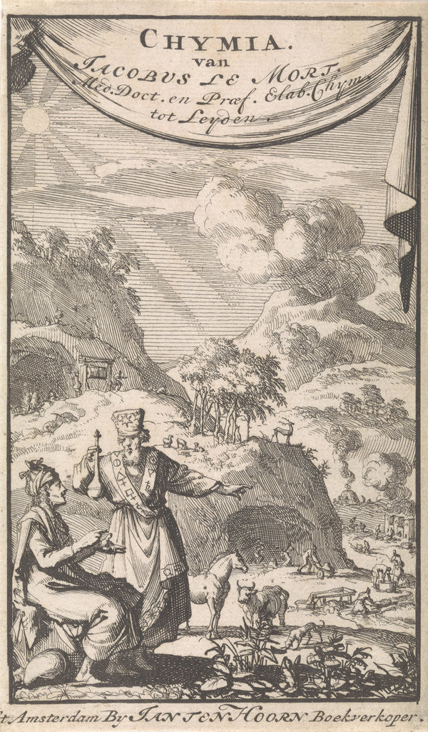 Detail of Two scientists in discussion in a landscape by Timotheus ten Hoorn