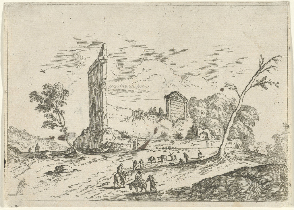 Detail of Landscape with Roman ruins and donkey herders by Jan van Ossenbeeck