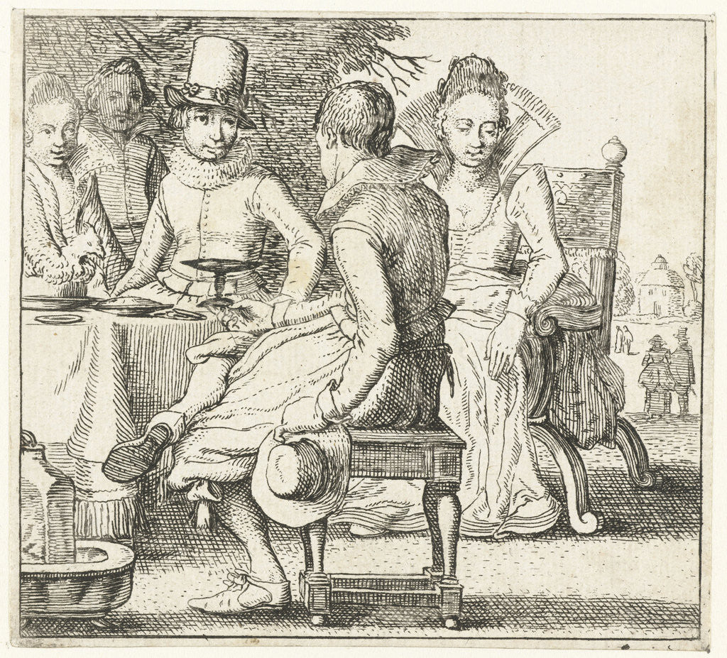 Detail of Five people sitting around a table on a terrace by Anonymous