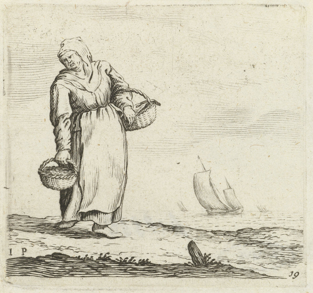 Detail of Dune landscape with a woman carrying two baskets by Jan Porcellis