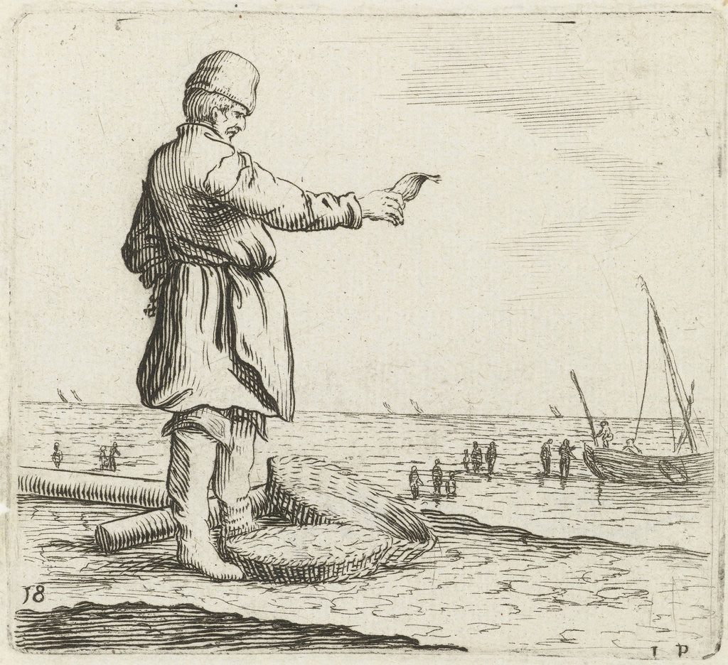 Detail of Dune landscape with a fisherman with fish in hand by Gillis van Scheyndel I