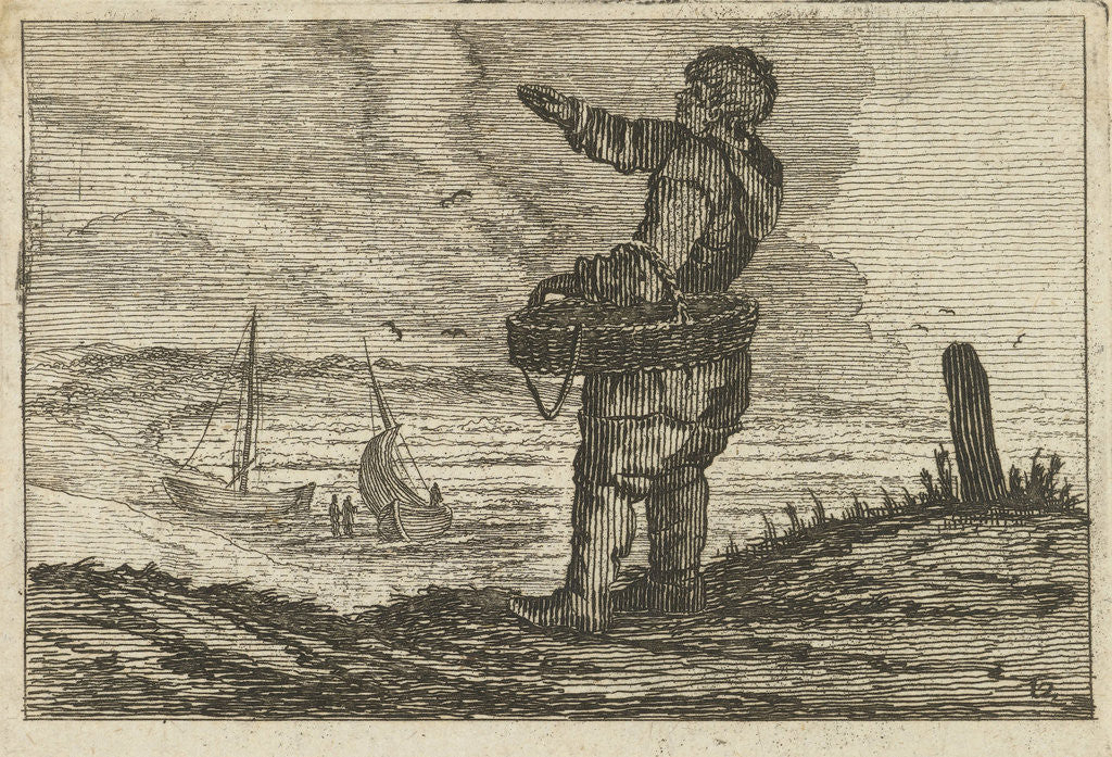 Detail of Dune landscape with a waving man, carrying a basket by Jan Porcellis