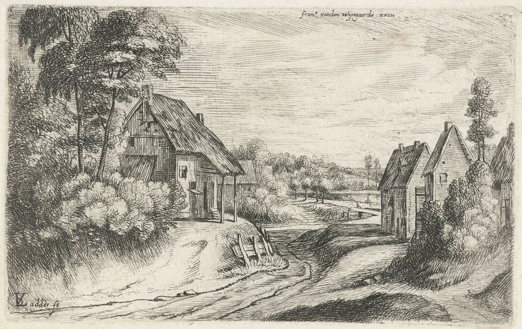 Detail of Landscape with two farms along a road by Lodewijk de Vadder