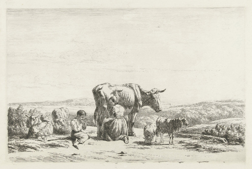 Detail of Landscape with Woman milking cow and boy with sheep by Simon van den Berg