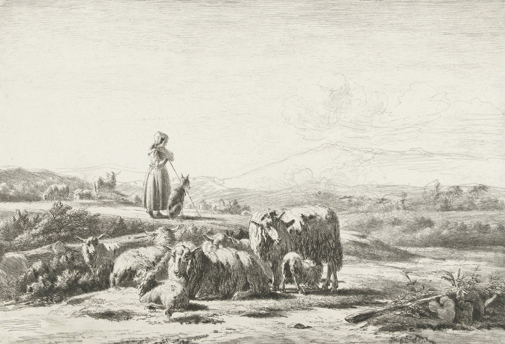 Detail of Landscape with shepherd and dog with flock of sheep by Simon van den Berg