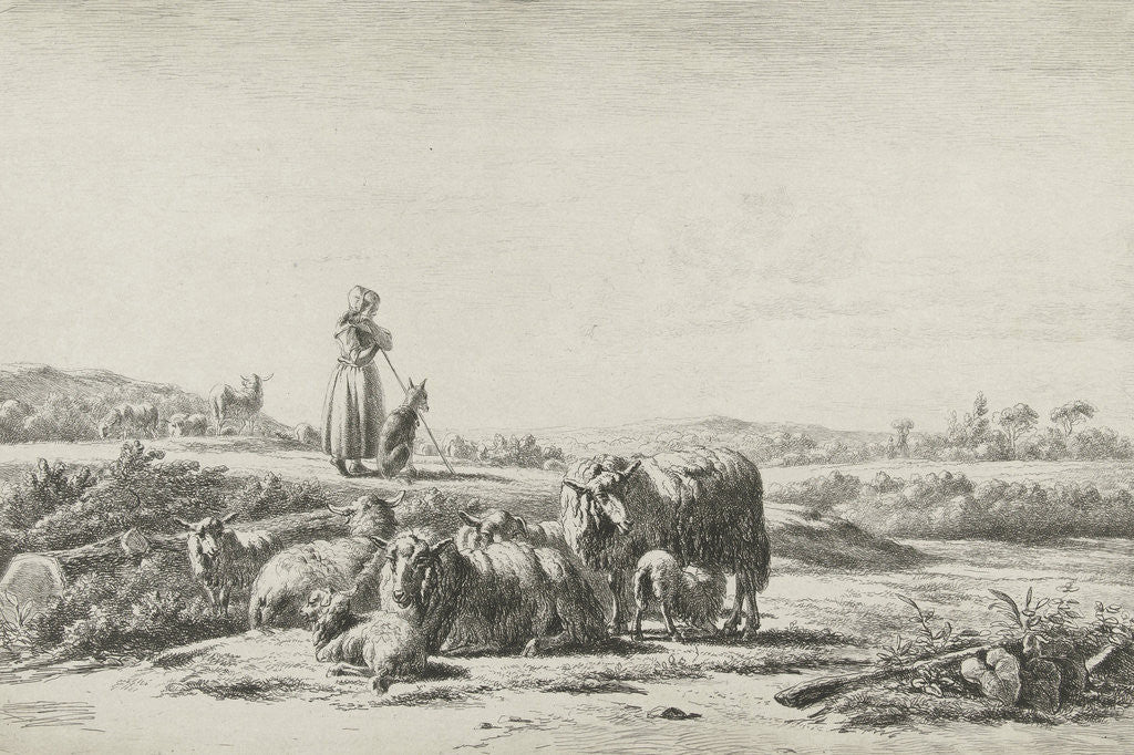 Detail of Landscape with shepherd dog with sheep herd by Simon van den Berg