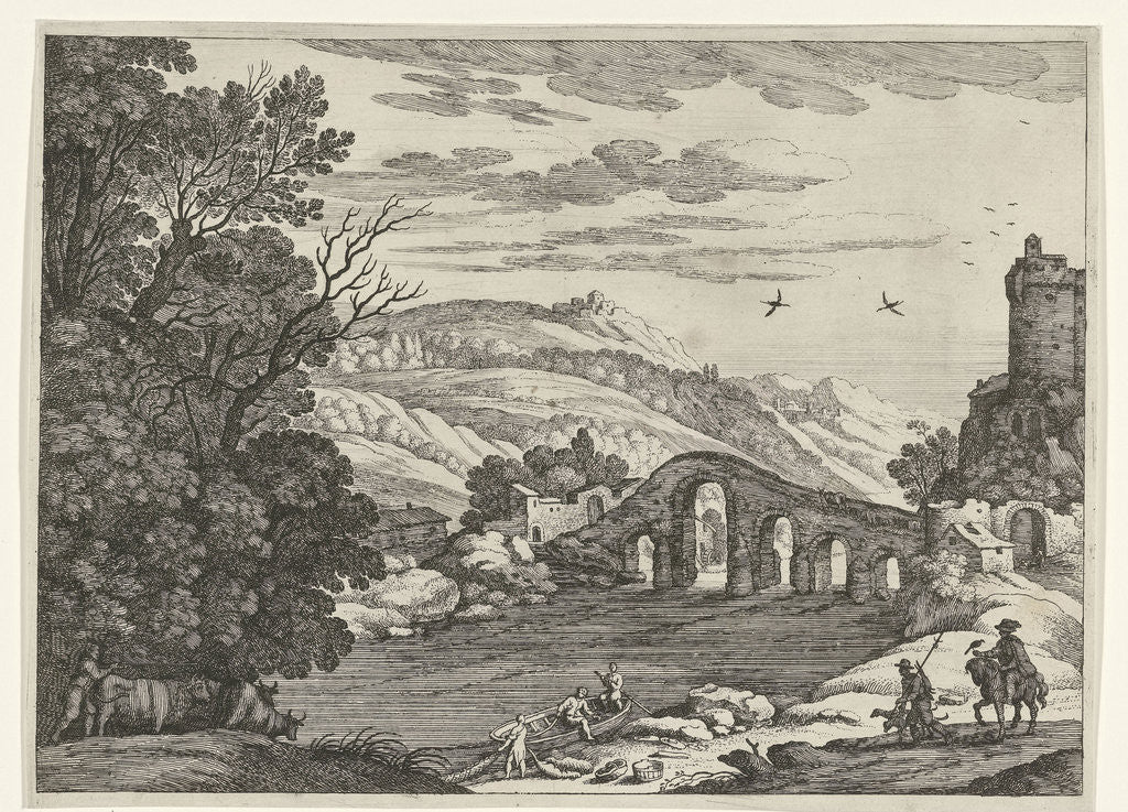 Detail of A hilly landscape is crossed by a river, over the river a stone bridge with five arches by Willem van Nieulandt II