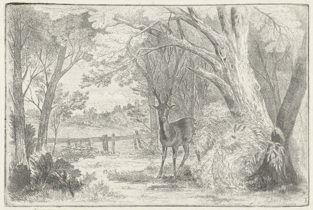 Detail of Park landscape with deer by Jan Bos Wz.