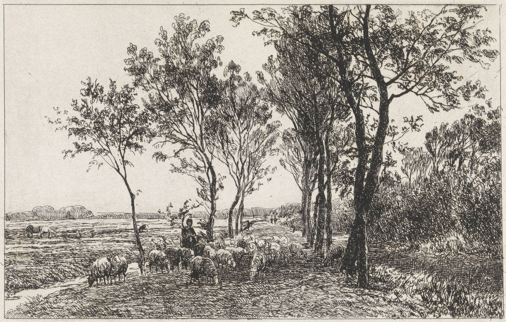 Detail of Landscape with Shepherd and flock of sheep by Julius Jacobus van de Sande Bakhuyzen