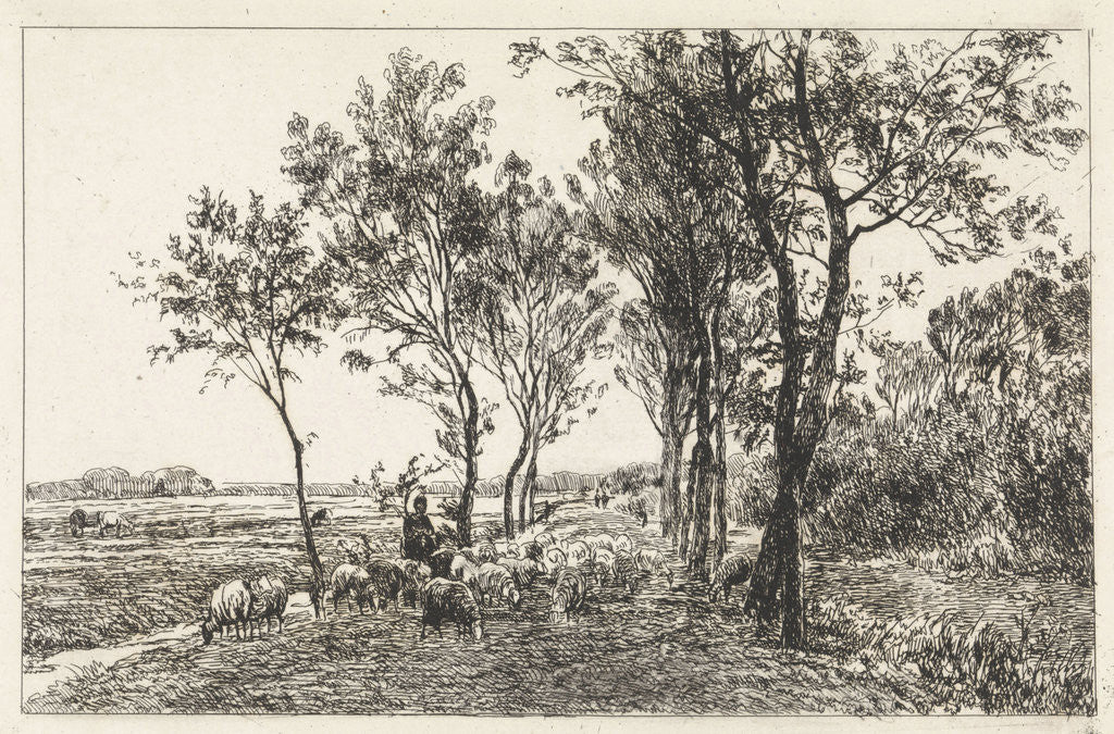 Detail of Landscape with Shepherd and flock of sheep by Julius Jacobus van de Sande Bakhuyzen