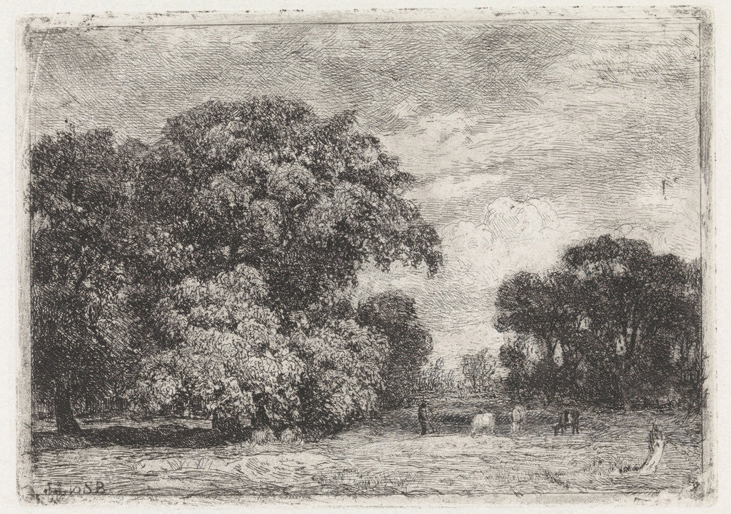 Detail of Landscape with three trees and grazing cows by Julius Jacobus van de Sande Bakhuyzen