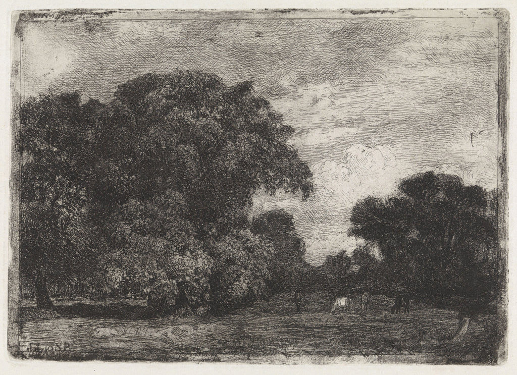 Detail of Landscape with three trees and grazing cows by Julius Jacobus van de Sande Bakhuyzen