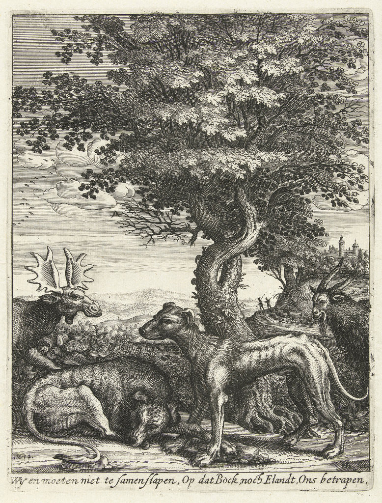 Detail of Landscape with a goat, moose and two dogs by Hendrick Hondius I