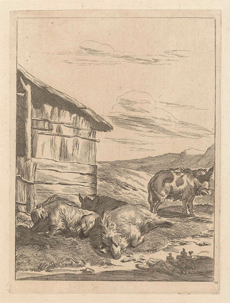 Detail of Landscape with boar before a stable by Anonymous