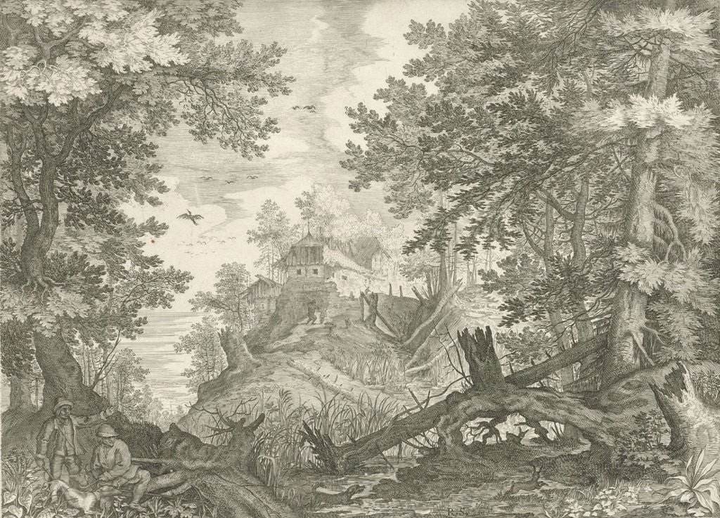 Detail of Wooded landscape with two hunters and a dog by Roelant Savery