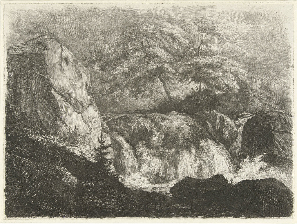 Detail of Rocky Landscape with Waterfall by Pierre Louis Dubourcq