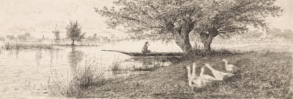 Detail of River Landscape with a man in a boat and geese on the bank by Elias Stark