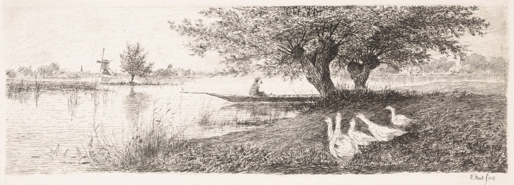 Detail of River Landscape with a man in a boat and geese on the bank by Elias Stark