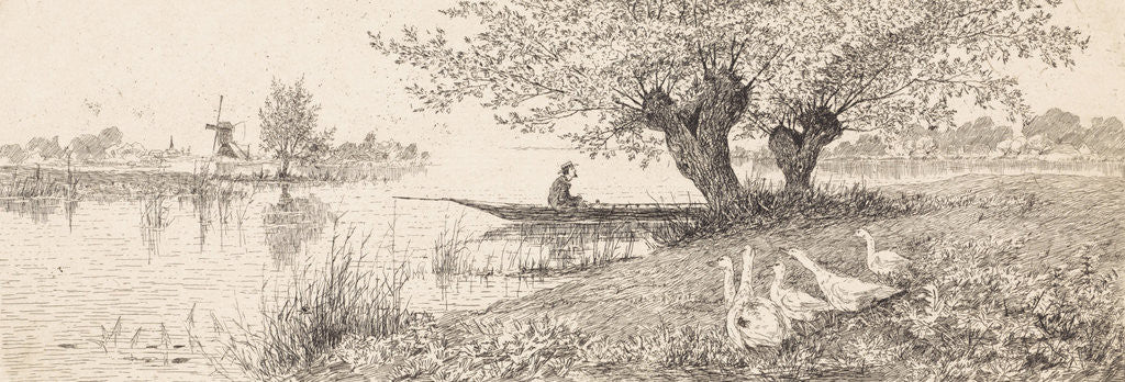 Detail of River Landscape with a man in a boat and geese on the bank by Elias Stark