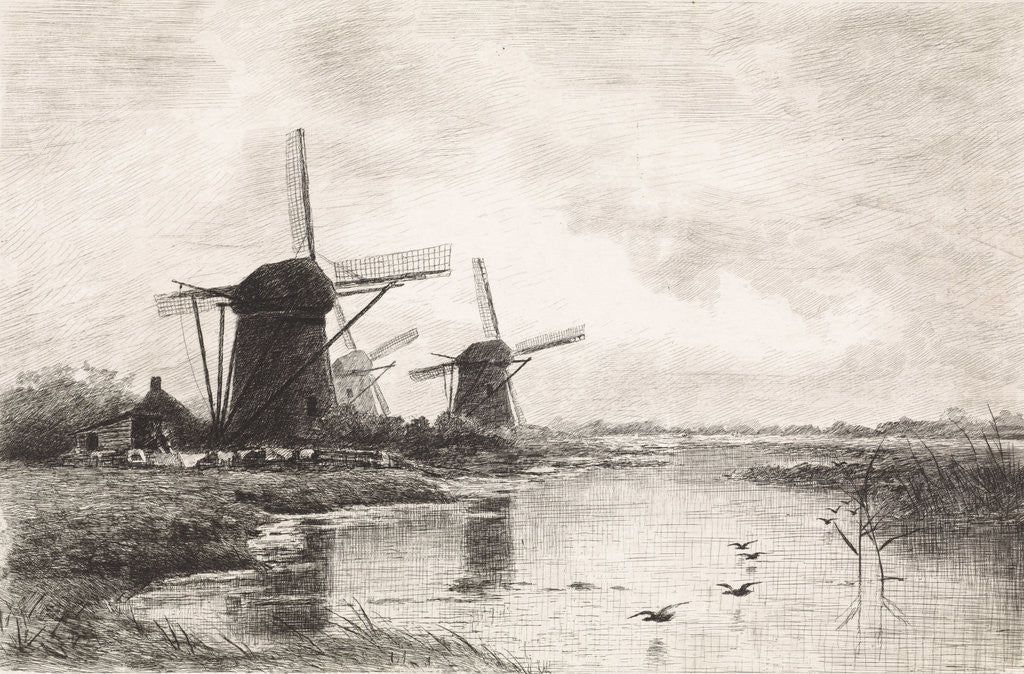 Detail of Landscape with three windmills along a canal by Elias Stark