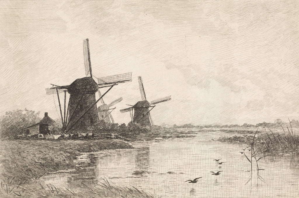 Detail of Landscape with three windmills along a canal by Elias Stark