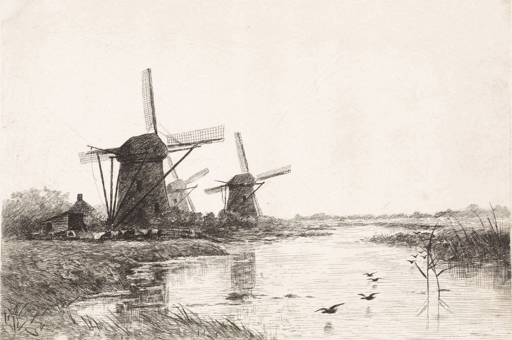 Detail of Landscape with three windmills along a canal by Elias Stark