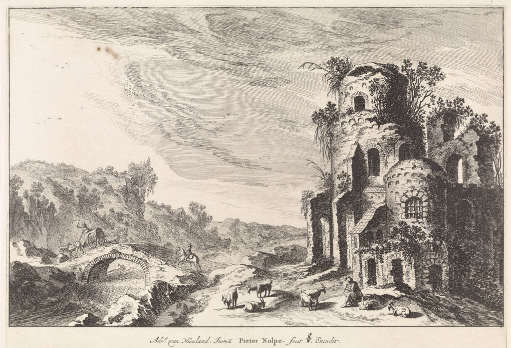 Detail of Landscape with a bridge and a ruin by Claes Jansz. Visscher II