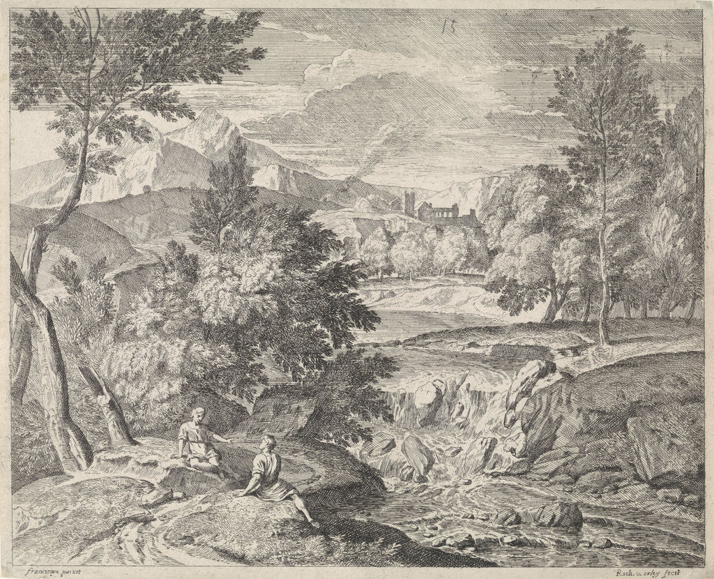 Detail of Arcadian landscape with two figures at a waterfall by Richard van Orley