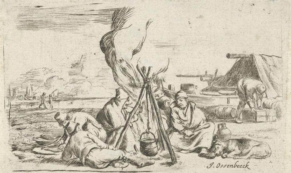 Detail of Five soldiers around a campfire by Jan van Ossenbeeck