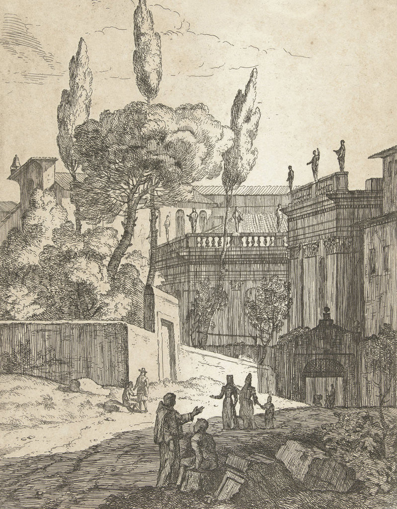 Detail of Italianate landscape with antique buildings and figures by Jan Frans van Bloemen