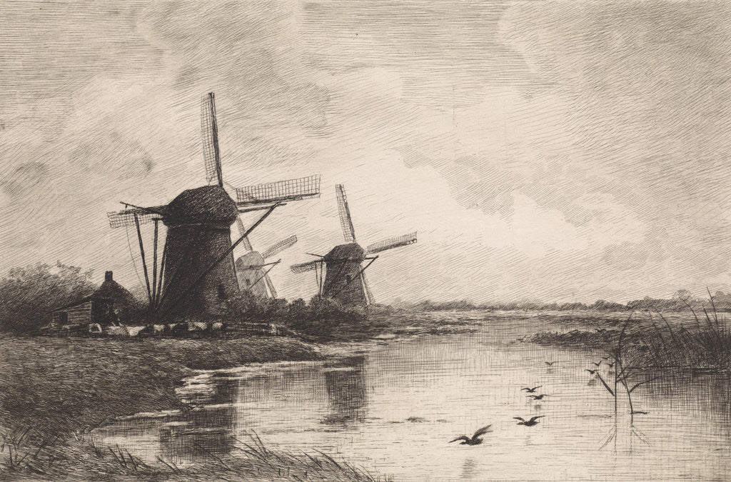 Detail of Landscape with three windmills along a canal by Elias Stark