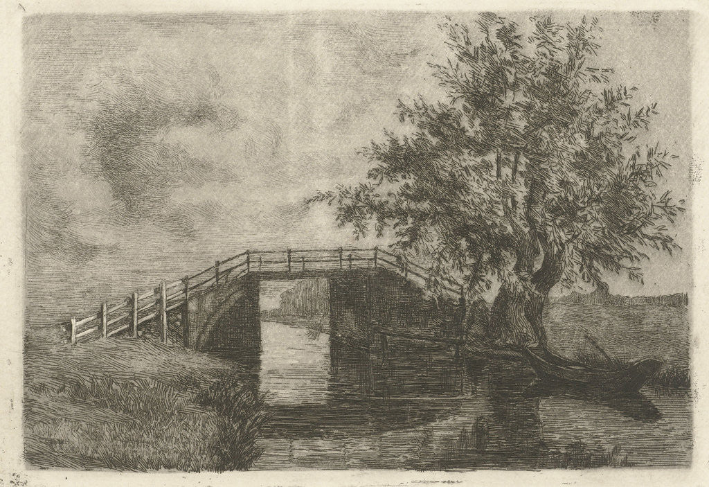 Detail of Landscape with bridge over ditch and willow on shore by Johanna Henriëtte Besier